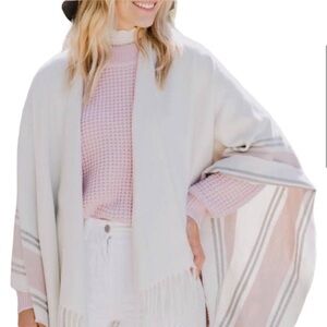 Siizu Causebox Collaboration, Light Grey/Pink/Cream Striped Kimono Poncho Scarf